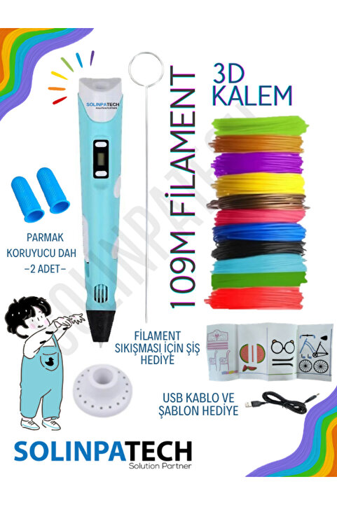 SolinpaTech Mavi̇ 3d Kalem 3d Pen Yazıcı Kalem | Çok Renkli (toplam 109 Metre) Filament Usb Kablo