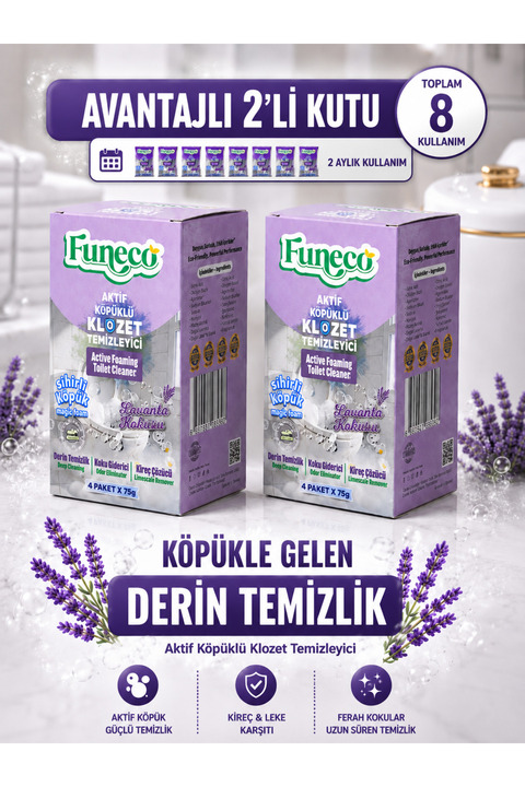 FUNECO Lavanta Ferahlığı - Avantajlı Paket - 2 Kutu - 8 Paket - Tuvalet Klozet Temizleyici, Aktif Köpüklü