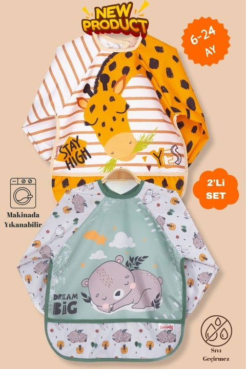 Bebechi 2'Li Uzun Kollu Giyilebilir Zürafa-Sevimli Ayı Desen Sıvı Geçirmez Aktivite ve Mama Önlüğü 6-24 AY