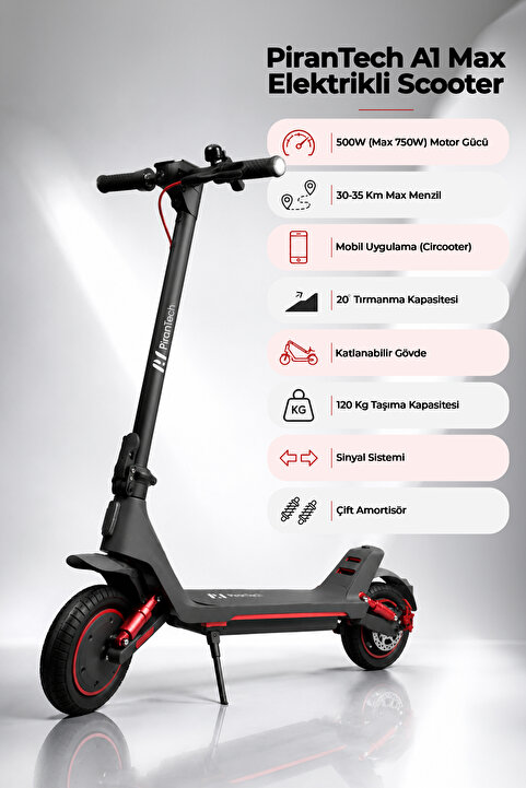 PiranTech A1 Max Elektrikli Scooter 500W – 750W Kırmızı | Uzun Menzil | Mobil Uygulama | Çift Amortisör