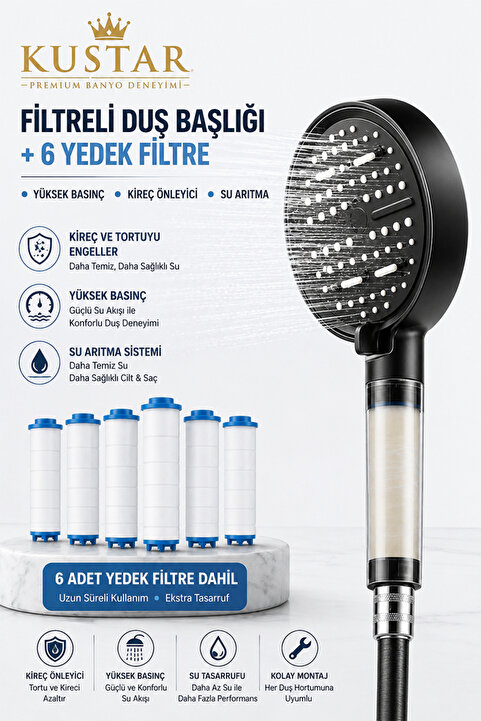 KUSTAR PureFlow Filtreli Duş Başlığı | 6 Adet Yedek Filtre | Kireç Önleyici | Su Arıtıcı | Klor Arıtıcı