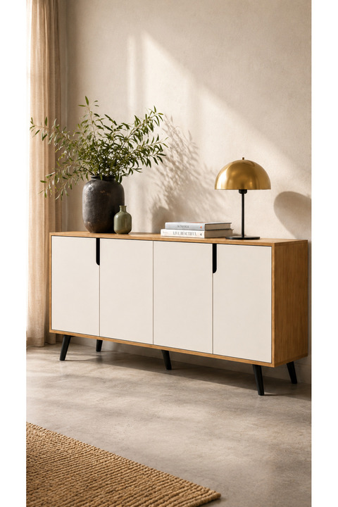 VM VERTEX MOBİLYA Latina Modern Konsol 180 cm | Safir Meşe Beyaz | 4 Kapaklı | Ahşap Ayaklı | Yemek Odası Konsolu