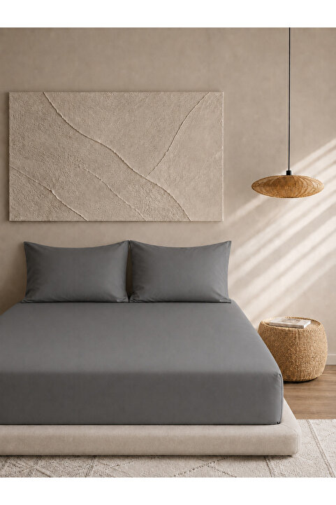 Boreas Home Pamuklu Ranforce Gri Battal Lastikli Çarşaf Seti (180X200) 2 Adet Yastık Kılıfı