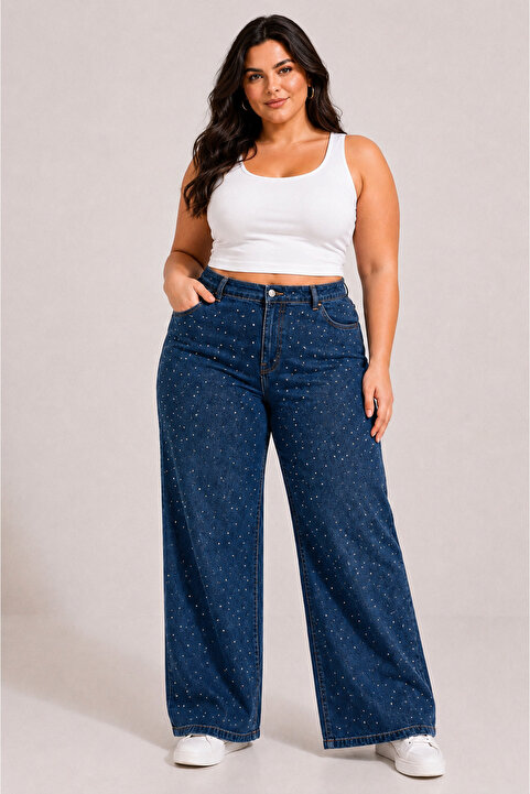 nd jeans KADIN-BÜYÜK BEDEN JEANS GENİŞ PAÇA SERPME TAŞLI KOT PANTOLON-Koyu Kot Mavi