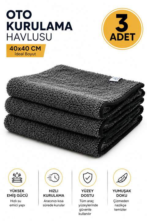 M.Y. TASO M.y.taso 3 Adet Mikrofiber Araç Yıkama Kurulama Oto Temizlik Havlu Gsm 40x40cm