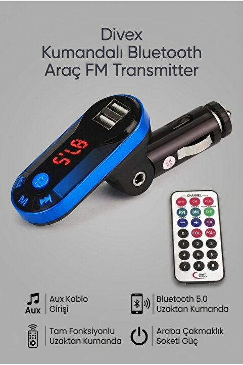 Divex Sarjlı Aux Mp3 Medya Girişli Araç İçi Kumandalı Bluetooth Çakmaklık Ve FM Radyolu Transmitter - Mavi