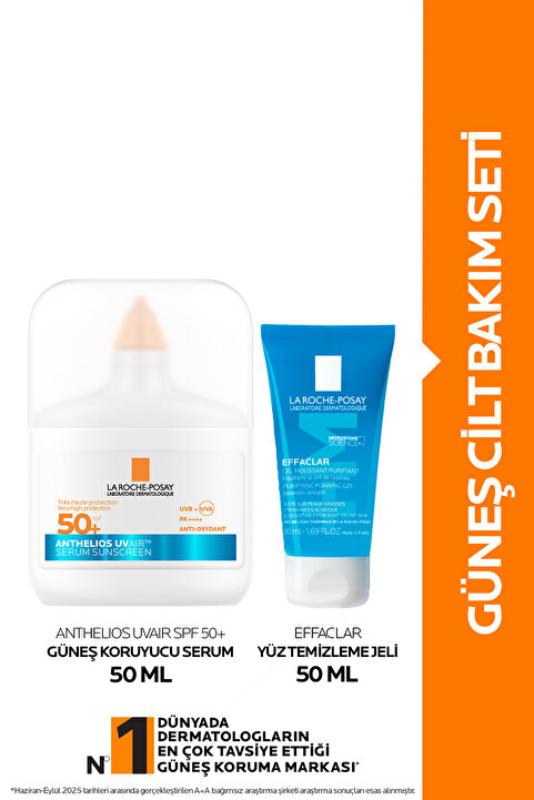 La Roche Posay Güneş Bakım Seti: Anthelios UVAIR SPF50+ Güneş Koruyucu Serum 50ml&Effaclar Yüz Temizleme Jeli 50ml