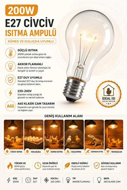 Astakos 200W E27 Civciv Isıtma Ampulü 220-240V A60 Akkor Flamanlı Klasik Cam Isıtıcı Ampul Kümes Kuluçka Uyumlu