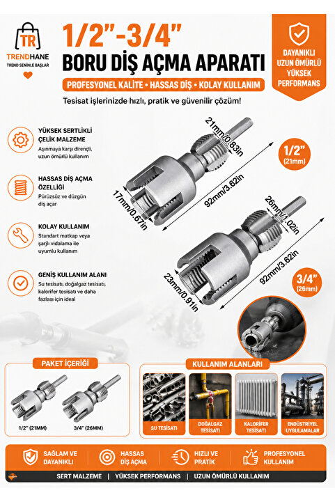 Trendhane 2’ li Set İç Dış Plastik Boru Diş Açma Seti 1/2 ve 3/4 İnç Borularla Uyumlu