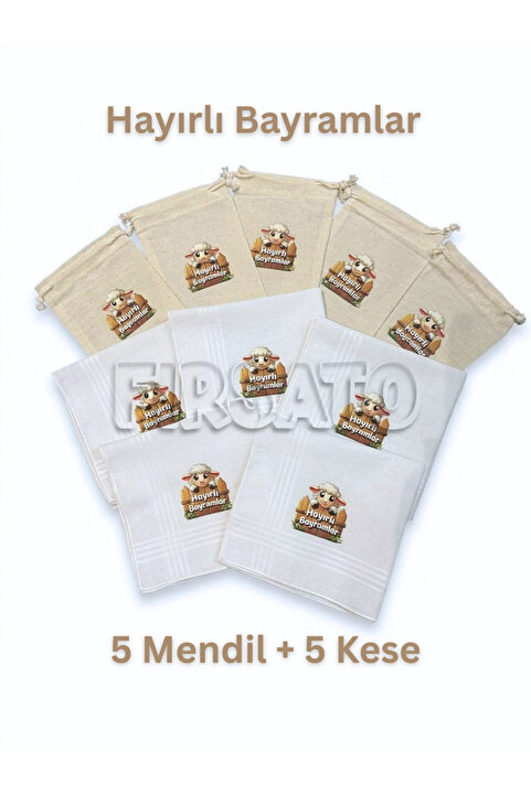 Fırsato Bayram Mendili Hayırlı Bayramlar Kuzu Baskılı ve Harçlık Kesesi (5mendil + 5Kese) | Hediyelik | Mendil 28x28cm Kese 10x15cm, %100 pamuk |