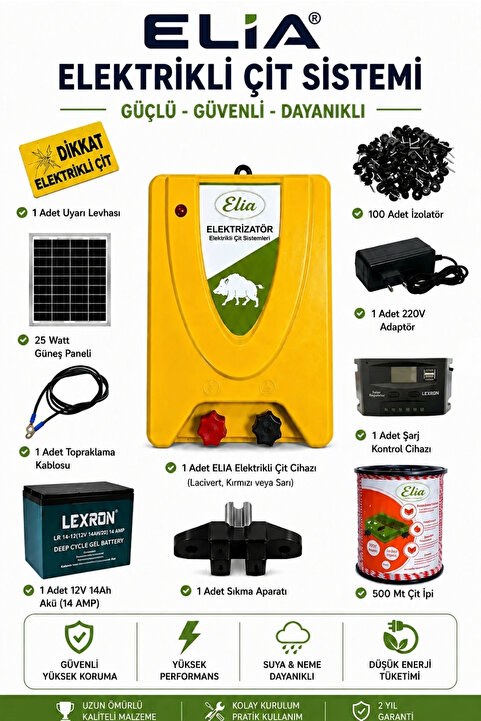 ELIA ELEKTRİKLİ ÇİT MAKİNASI – DOMUZ, İNEK, KOYUN, KEÇİ ve YABANİ HAYVAN KOVUCU (3-4 Dönüm Solar Set)