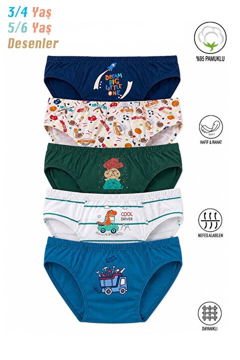 ÖZKAN underwear Özkan 31801 5'li Paket Erkek Çocuk Karışık Renkli Desenli Pamuklu Yumuşak Rahat Slip Külot