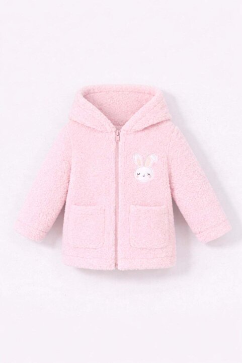 Bubito Tavşan Nakışlı Fermuarlı Cepli Kız Bebek Peluş Welsoft Kışlık Hırka-Pembe