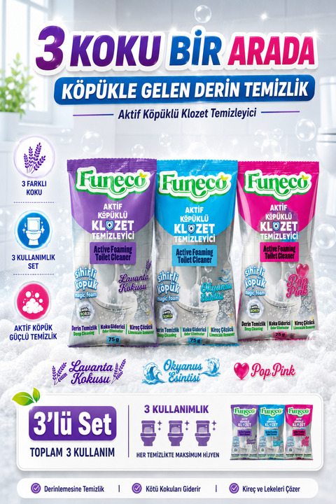 FUNECO Klozet WC Temizleyici Set, 3 Paket - Lavanta, Okyanus, Pop Pink!!