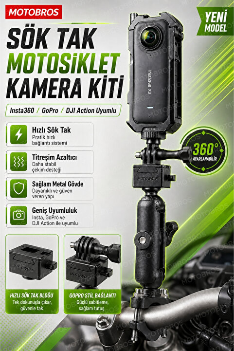 Motobros Motosiklet Kamera Gidon Ve Ayna Bağlantı Sök Tak Pratik Aparatı Insta360 Dji Gopro