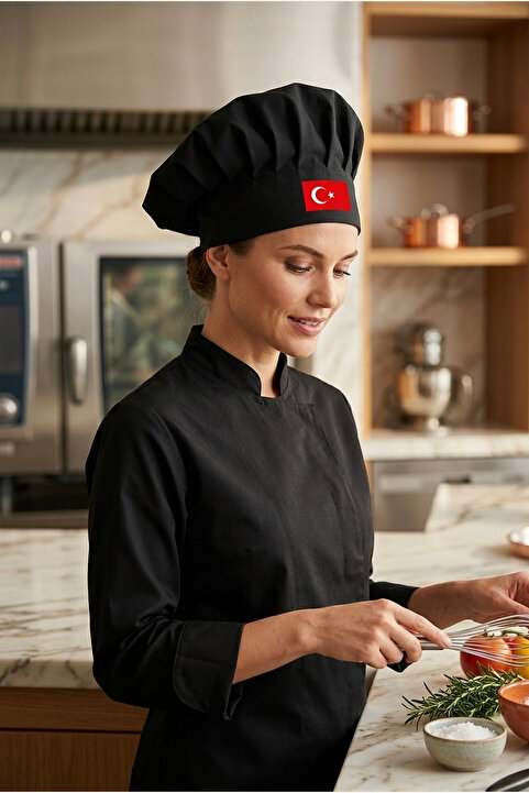 enmalife Siyah Türk Bayrağı Baskılı Şef Aşçı Şapkası, Mantar Kep
