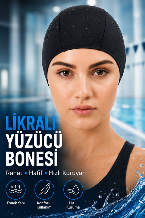 viyol marketim Siyah Likralı Yüzücü Bonesi Deniz Havuz Için Esnek Sıkmayan Saç Çekmeyen Hızlı Kuruyan Kumaş Spor Bone