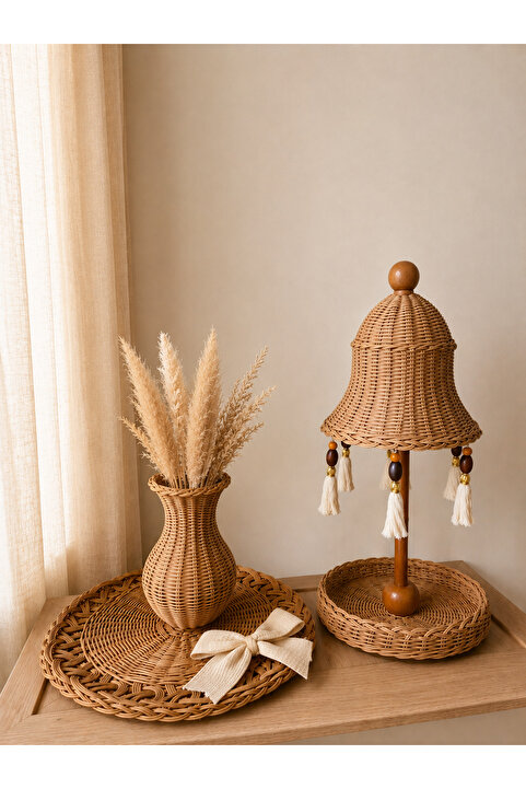 SS Rattan Bali Şemsiyesi & Rattan Supla (El Yapımı Doğal Sunumluk Dekor Seti)