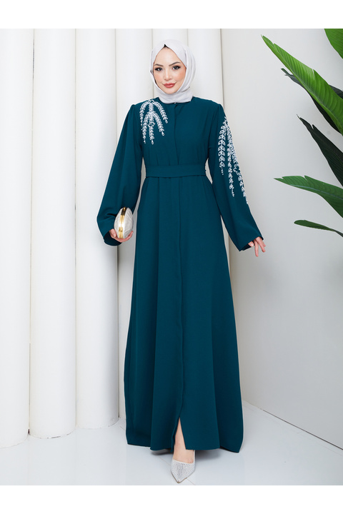 EFSUN MODA TAŞLİ ABAYA TESETTÜR GIYIM KADIN FERACE ELBISE ZÜMRÜT