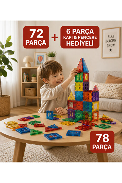 Mino Makers 78 Parça Manyetik Yapı Blokları - Çocuklar İçin 3 Boyutlu Renkli Mıknatıslı 78 Parça Manyetik Blok Oyun Seti