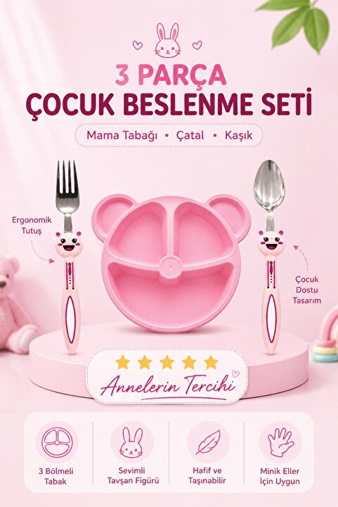 MorBebe Baby 3 Parça Tavşan Figürlü Çocuk Çatal Kaşık Ve Mama Tabağı Seti (pembe )