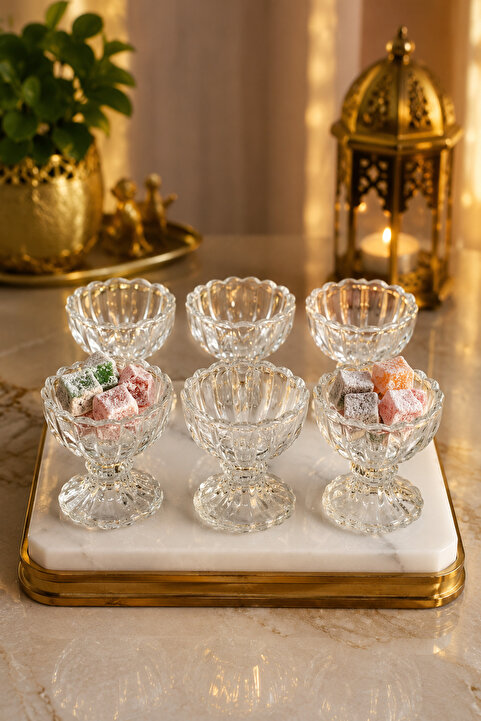 YzHome 6 Lı Ayaklı Mini Kristal Cam Lüks Lokumluk Kahve Yanı Sunumluk Kase