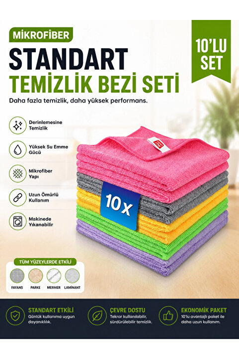 Cleanshe Klasik Seri Mikrofiber Temizlik Bezi 10'lu Set 40x40