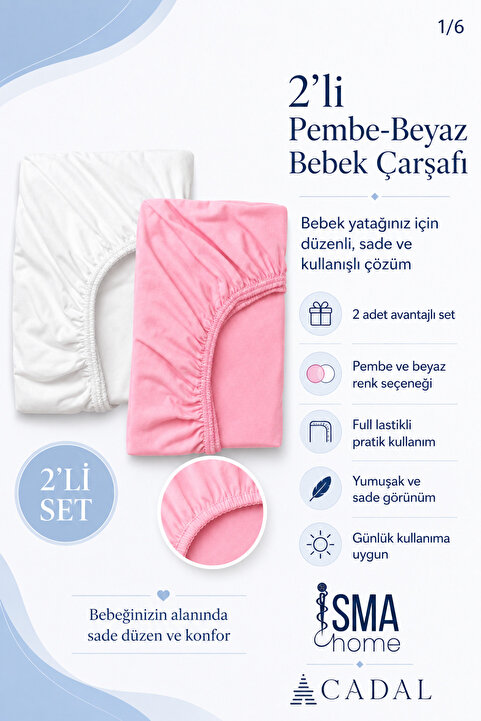 A Cadal Pembe Beyaz Bebek Çarşafı 2 Adet Lastikli Carsaf