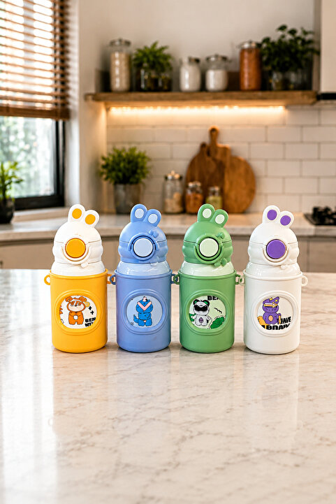 Chefstar Sevimli Tavşan Pipetli Paslanmaz Çelik Çocuk Termos Suluk – 500 Ml | Askılı Karışık renk gönderilmektedir.