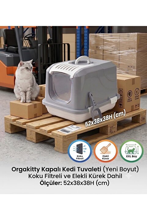 Orgakitty Kapalı Kedi Tuvaleti 52 x 38 x 38 H Koku Filtreli Ve Elekli Kürek
