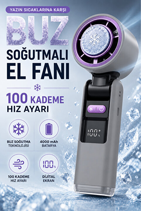 Teknodrone Premium Turbo Buz Soğutmalı El Fanı 100 Kademe Ayarlı 4000 mAh Taşınabilir Soğutucu Fan