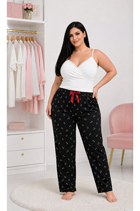 Lady Queen Bambu Likralı Ring Viskon Battal Beden Lastikli Bel Pijama Altı