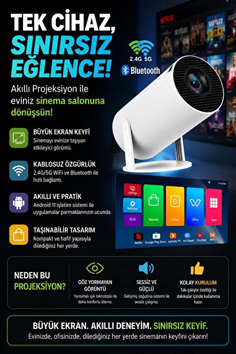 Genel Markalar Taşınabilir Sinema Projektörü Ev Sineması Bluetooth Android 11 Akıllı Projeksiyon Wifi Beyaz (HY300 Pro )