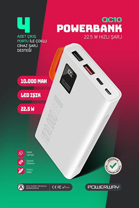 Powerway 10.000 Mah Pd 22.5W Dahili Kablolu Hızlı Şarj Led Fener Gerçek 10.000 Mah QC10 Beyaz Powerbank