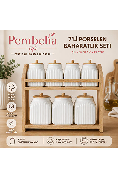Pembelia Life Ahşap Standlı 7’li Porselen Baharat Saklama Kavanoz Seti Baharatlık Takımı
