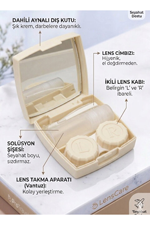 Singularis Krem Renk Aynalı Lens Kutusu - 5 Parça Pratik Seyahat Seti