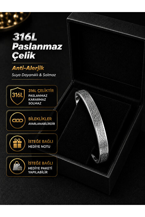PURE BERRY Ayetel Kürsi Bileklik Paslanmaz Çelik Ayarlanabilir 1 ADET GÜMÜŞ
