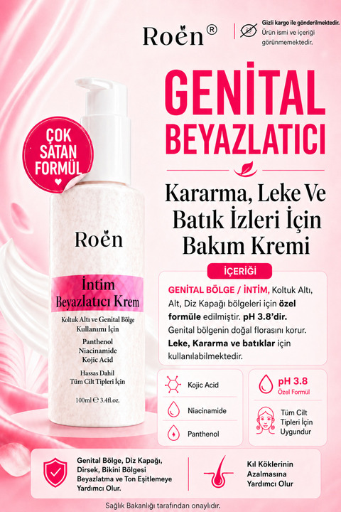 Roen Genital Bölge Beyazlatıcı Krem, Bikini Bölgesi, Dirsek, Koltuk Altı, İntim Beyazlatıcı Krem 100ml