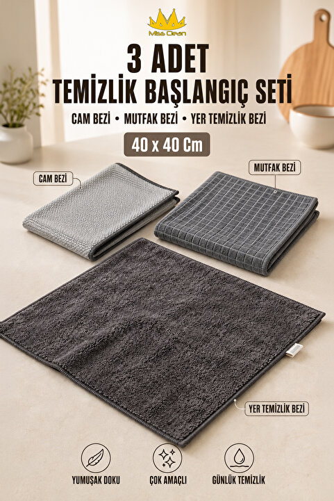 MissClean ( 3 Adet ) Temizlik Başlangıç Seti Cam Bezi , Mutfak Bezi , Yer Temizlik Bezi 40 *40 Cm