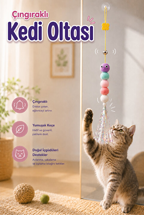 COZY SENSE Çıngıraklı Kedi Oyuncağı Yapışkanlı Kedi Oyun Oltası Renkli Ponponlu Oyuncak Zıplayan Top