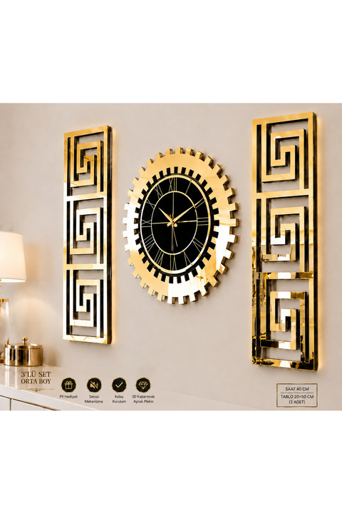 EYKA STORE Dekoratif 3 Lü Set Pleksi Gold Aynalı 3d Kabartmalı Duvar Saati Ve Dekoru. Saat 40 cm, 20x50 cm Tablo. Sessiz saat
