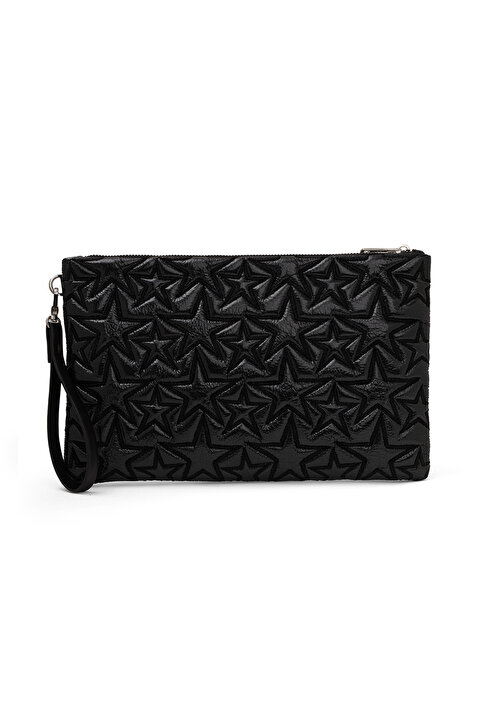 Ecrou Yıldız Desenli Siyah Parlak Portföy & Clutch Çanta Çıkarılabilir Bileklik Askılı 30 x 19 cm
