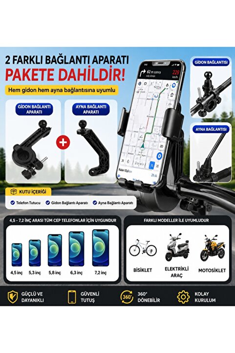 Zoli Motosiklet Telefon Tutucu Otomatik Kilitlemeli Ayna ve Gidon Bağlantı Özellikli,Bisiklet Telefon Tutucu
