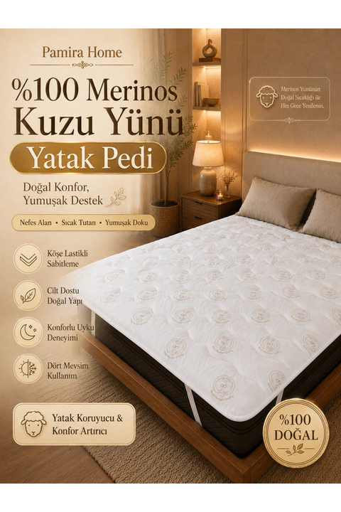 Genel Markalar Merinos Kuzu Yünü Yatak Pedi, Yatak Koruyucu (%100 MERİNOS KUZU YÜNÜ)