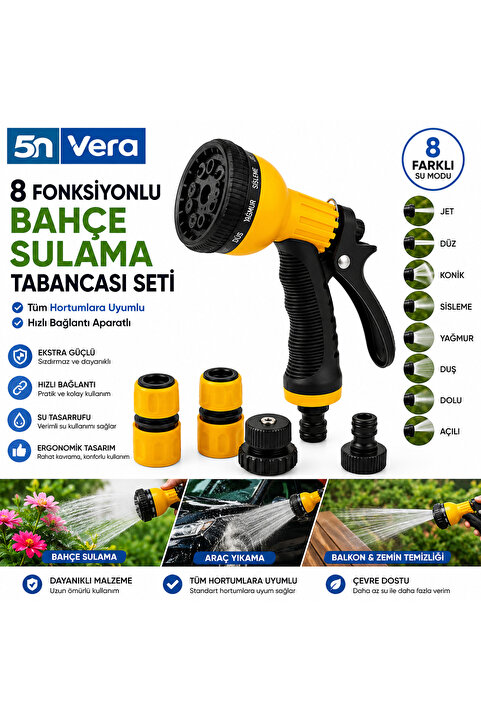 5NVERA 8 Fonksiyonlu Bahçe Sulama Tabancası Seti | Araç Yıkama, Bahçe Sulama ve Balkon Temizliği İçin Hızlı Bağlantılı Hortum Ucu