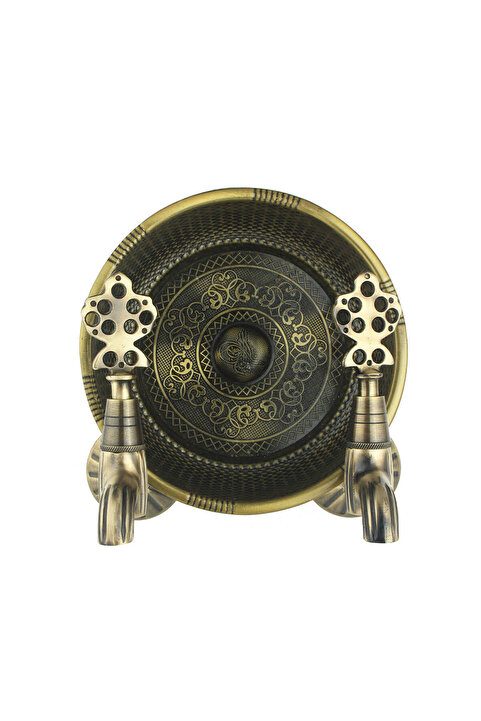 FKN Hamam Taslı İkili Antik Sarı Eskitme Pirinç Dekoratif Kurna Hamam Osmanlı Musluk (2 MUSLUK 1 HAMAM TASI)