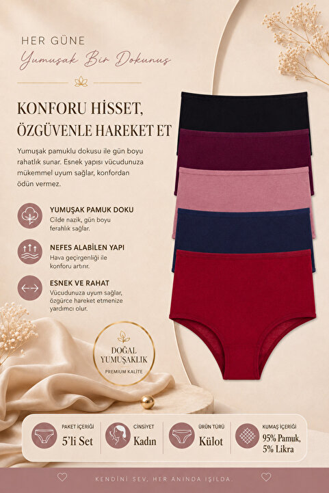 Nicoletta Kadın Külot 5 Li Paket Yüksek Bel Pamuklu Likrali Bordo
