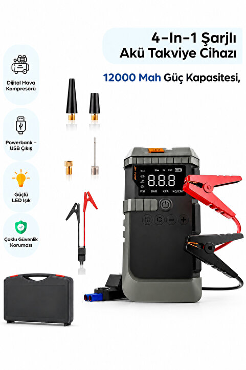 ROBEVE 4-in-1 Şarjlı Akü Takviye Cihazı Uyumlu – 12000 mAh , Lastik Pompası, Powerbank , LED Işık Akü Şarj Cihazı Araç Takviye Cihazı