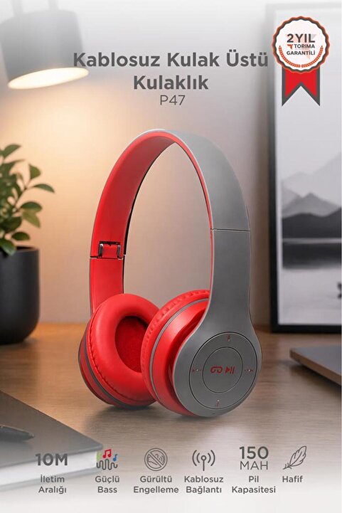 Torima Bluetooth Kulaklık Kulak Üstü Kablosuz Kulaklık P47 Kırmızı