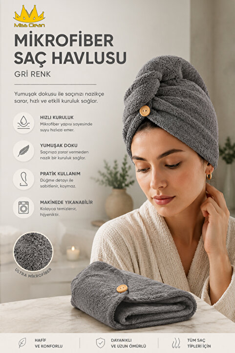 MissClean Gri Renk Mikrofiber Saç Havlusu, Saç Bonesi, Banyo Deniz Ve Havuz Sonrası Plaj Için